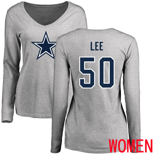 Women Dallas Cowboys Ash Sean Lee Name and Number Logo Slim Fit #50 Long Sleeve Nike NFL T Shirt